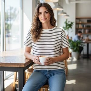NEW Madewell‎ Cream Brown Stripe Textured Knit Tee Cropped Boxy T-Shirt Top XS